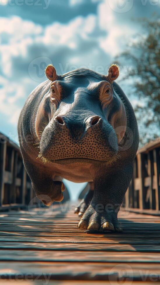 Hippo crosses wooden bridge under a bright sky in a natural setting during the day photo