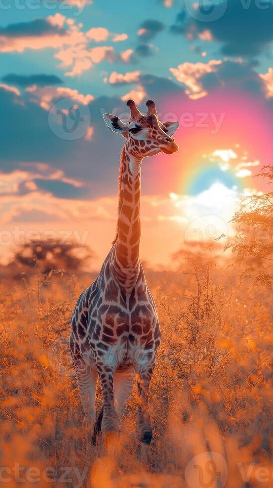 Giraffe grazing at sunset in savanna landscape with vibrant sky photo