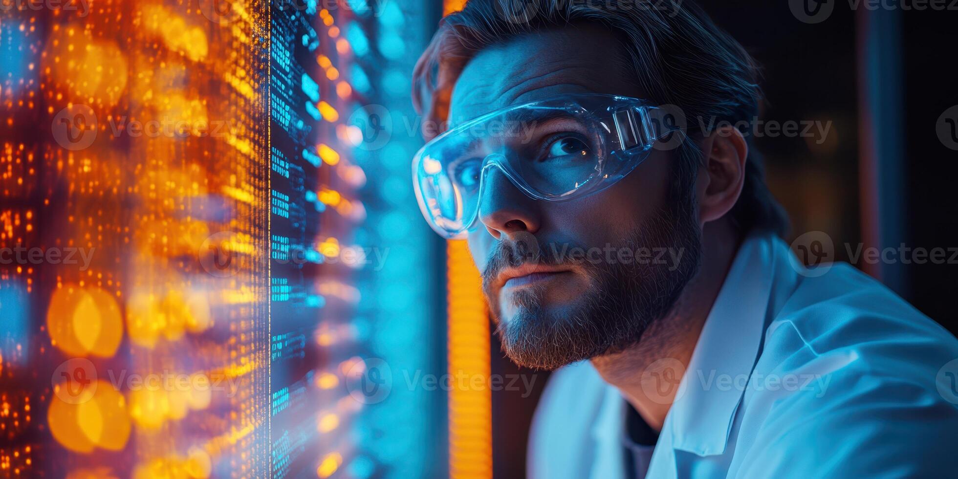 Scientist analyzes data in a modern laboratory with vibrant screens displaying complex information at nighttime photo