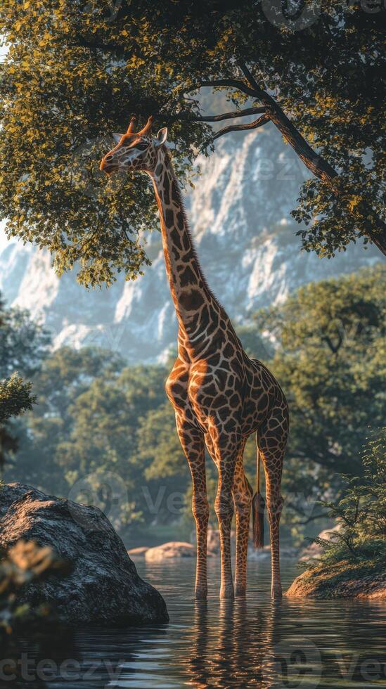 Majestic giraffe stands gracefully near a serene water body surrounded by lush greenery in the early evening light photo