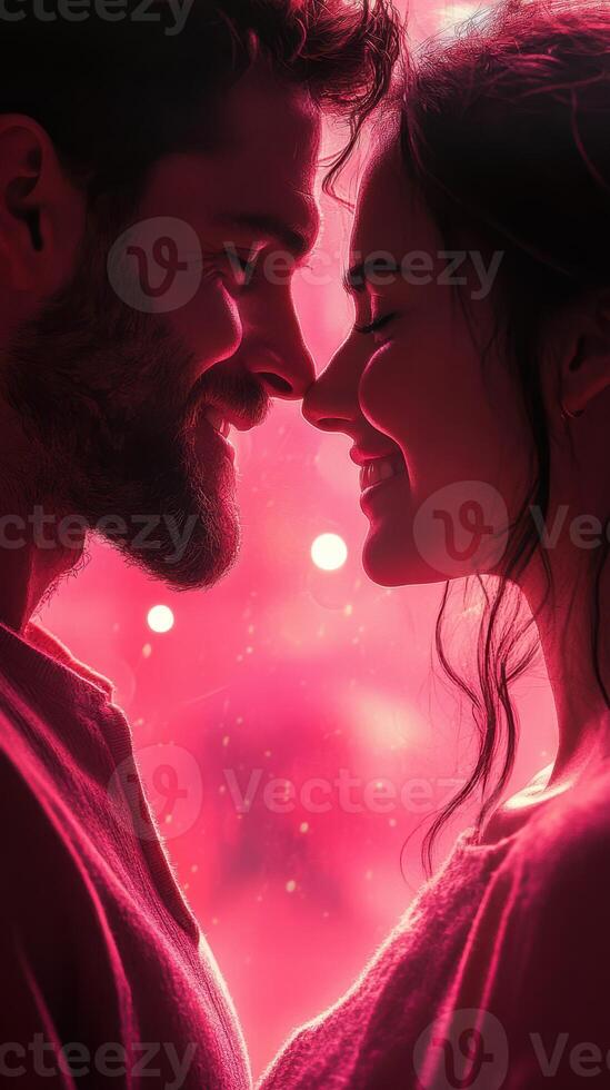 Couple sharing a tender moment in a colorful atmosphere during a romantic evening photo