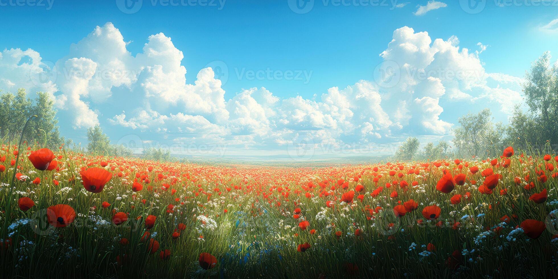 Beautiful poppy field under a bright blue sky with fluffy clouds and green trees in the distance photo