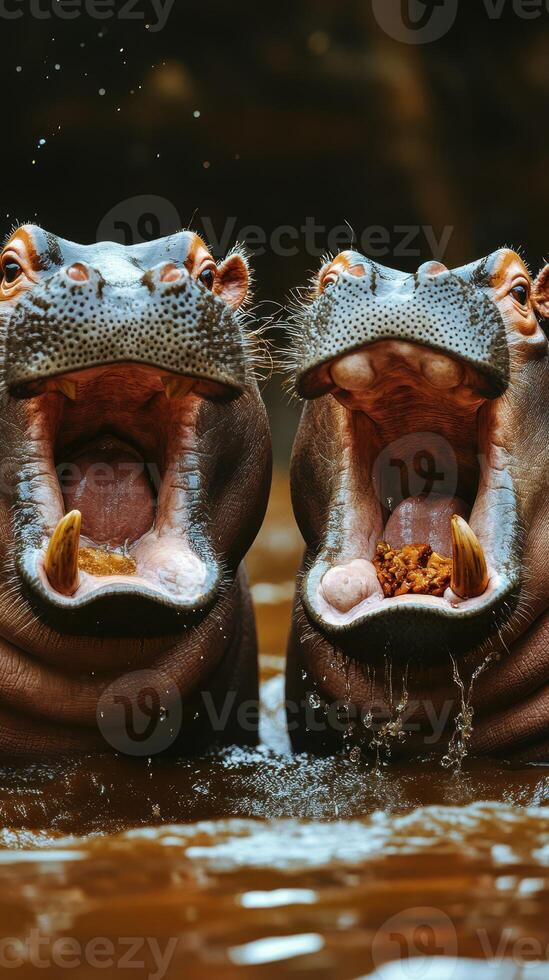 Hippos engaging in playful behavior in a freshwater habitat during the daytime photo