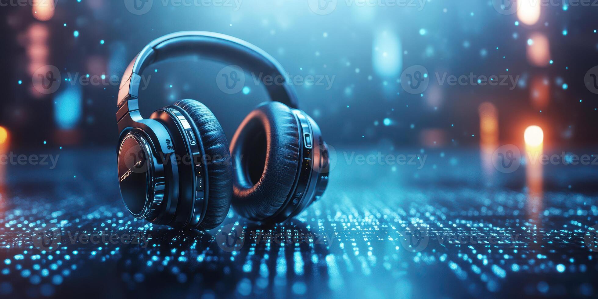 Quality headphones resting on a digital surface illuminated by soft blue lights in a futuristic setting photo