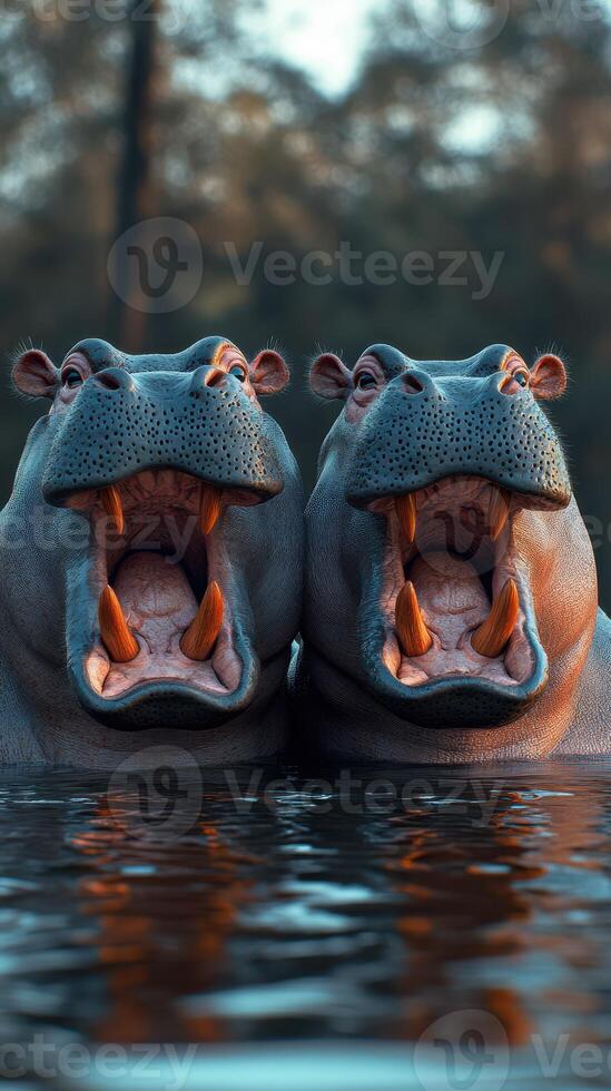 Two hippopotamuses yawning in a serene water environment during the golden hour of the evening photo