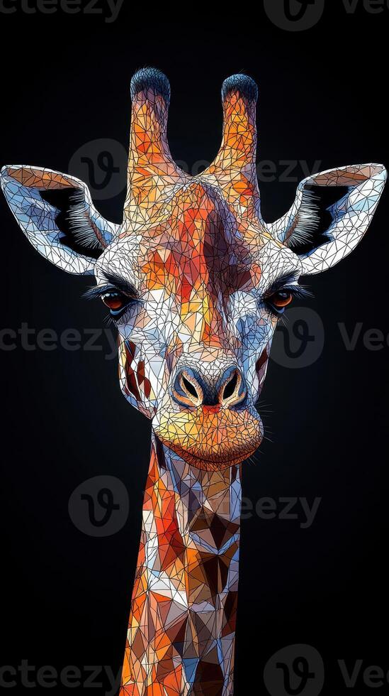 Unique geometric portrait of a giraffe displaying intricate colors and patterns against a dark background photo