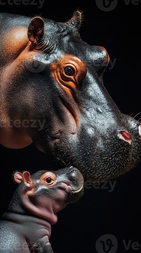 Mother and baby hippopotamus sharing a tender moment in a dark environment at a wildlife sanctuary photo