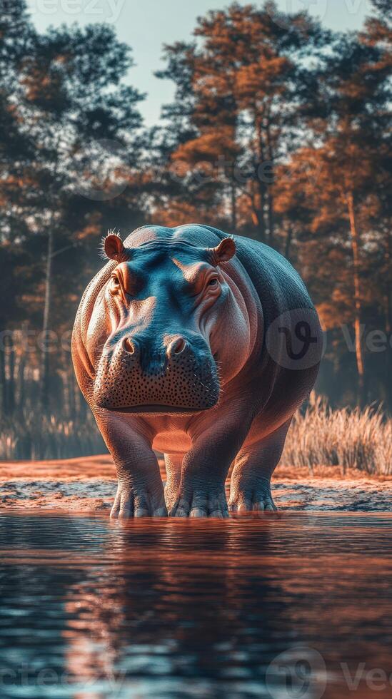 Majestic hippopotamus emerging from water at dawn in serene natural setting with trees photo
