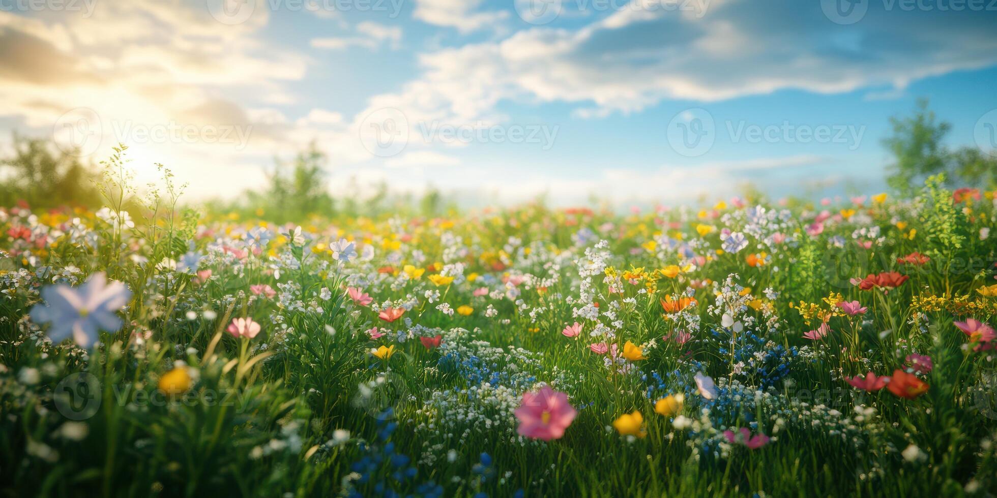 Colorful wildflower field under a bright sky during golden hour with soft clouds in the background photo