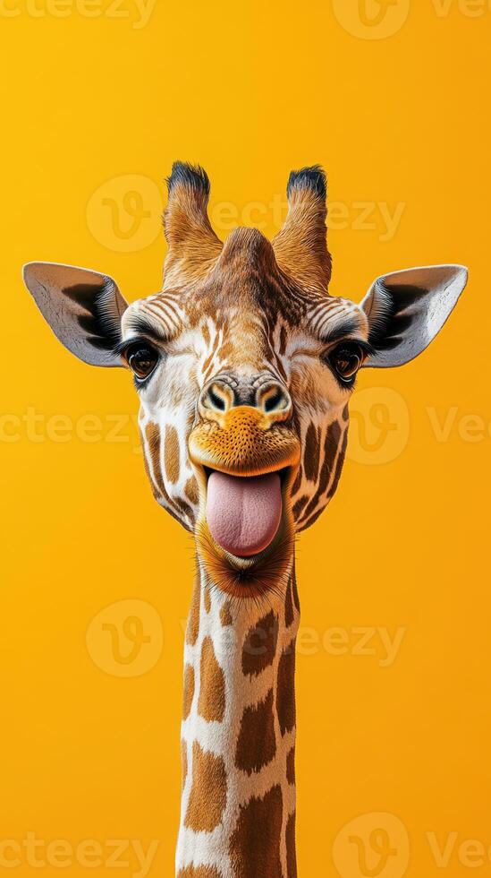 Giraffe smiling against a bright orange background in a playful and charming way while showcasing its beautiful fur patterns photo