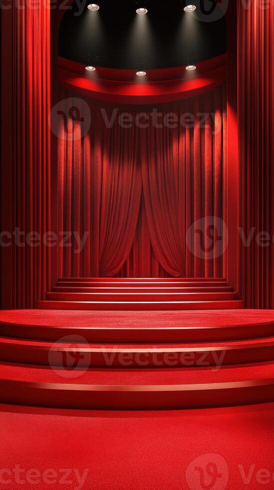 Luxurious red theater stage with velvet curtains and spotlight illumination for performances photo