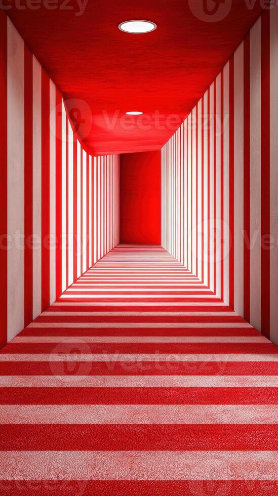 Unique striped corridor with bold red and white design creates striking visual effect in an indoor space photo