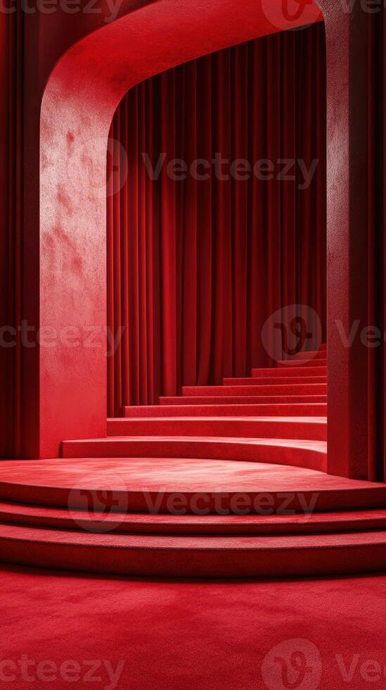Stunning red theatrical stage with curved arches and velvet drapes creating a dramatic backdrop for performances photo