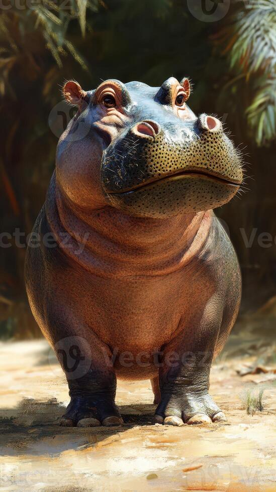 Hippopotamus standing near water in a lush tropical setting during daylight hours photo