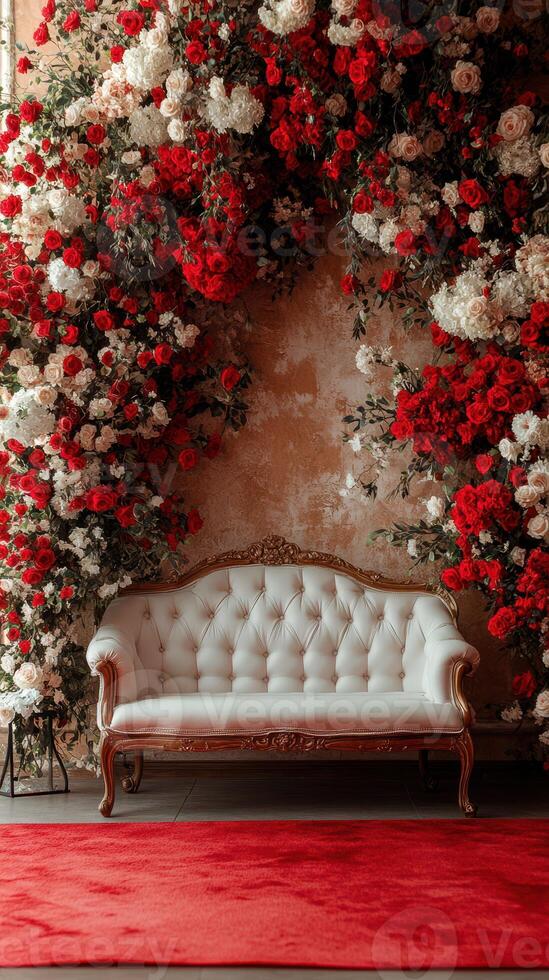Elegant vintage sofa surrounded by vibrant red and white floral arrangements in a romantic setting photo