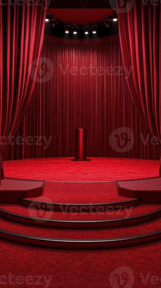 Stage set for a performance with red curtains and spotlight in a vibrant theatre environment photo