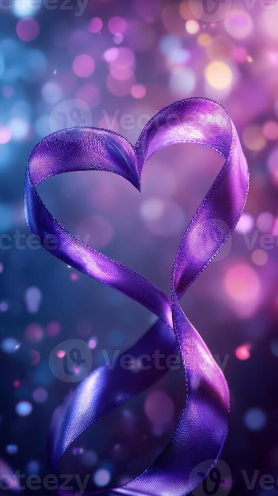 Purple ribbon twisted into a heart shape surrounded by a dreamy bokeh background photo