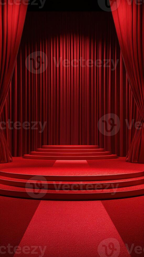 Red velvet stage with curtains draws attention for performance in a dramatic setting photo