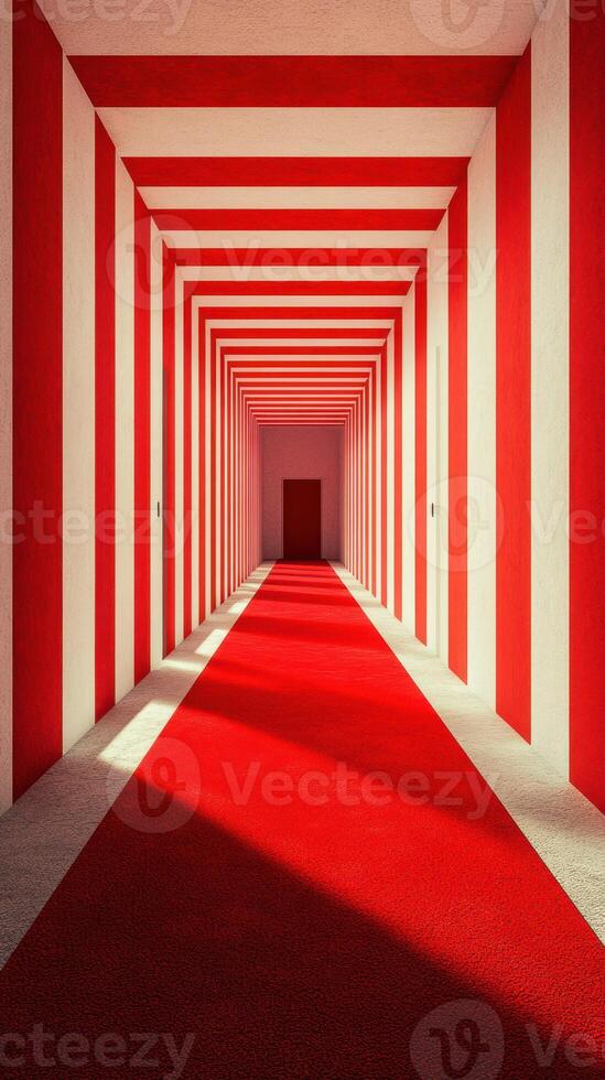 Vibrant red and white striped hallway leads to a doorway with a red carpet illuminating the pathway photo