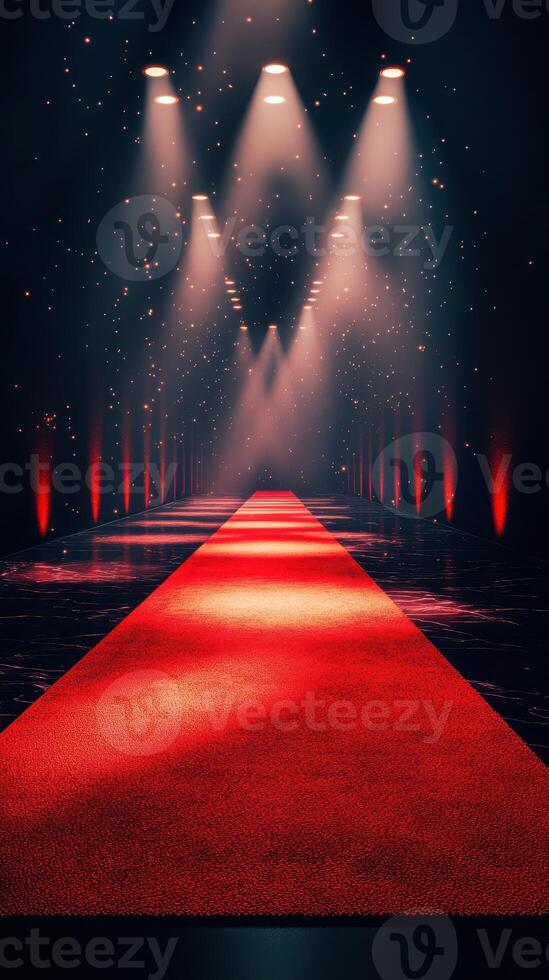 Elegant red carpet leading to a spotlighted stage with dramatic lighting and a festive atmosphere for an event photo