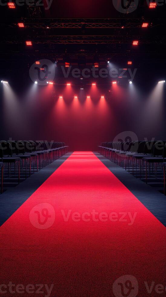 Red carpet runway setup in a dimly lit venue with chairs arranged for an event photo