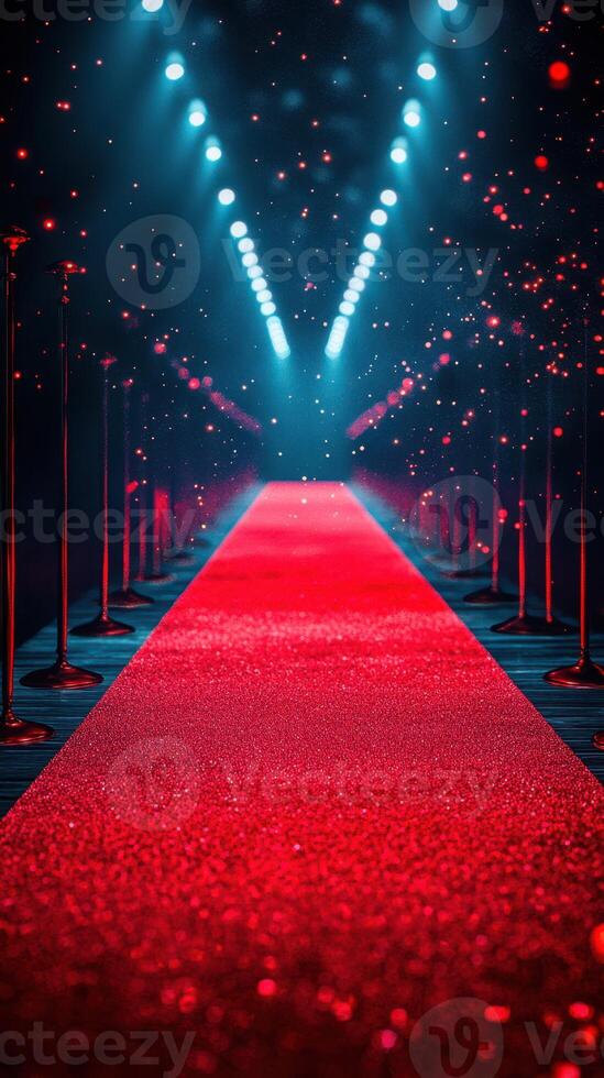 Glamorous red carpet event at night with bright blue and red lighting illuminating the pathway photo