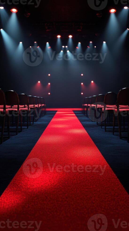Exciting performance venue with a red carpet and rows of chairs ready for an event at night photo