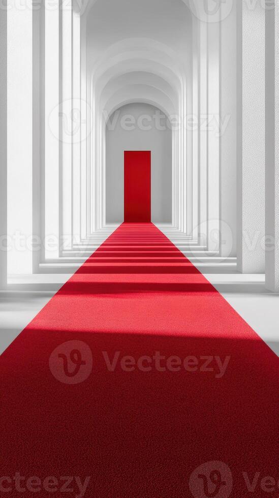 Elegant red carpet leading to a vibrant door in a white architectural corridor surrounded by arches photo