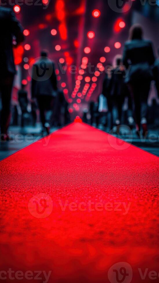 Busy crowd walking on a bright red carpet illuminated by glowing lights in a vibrant indoor setting during a nighttime event photo