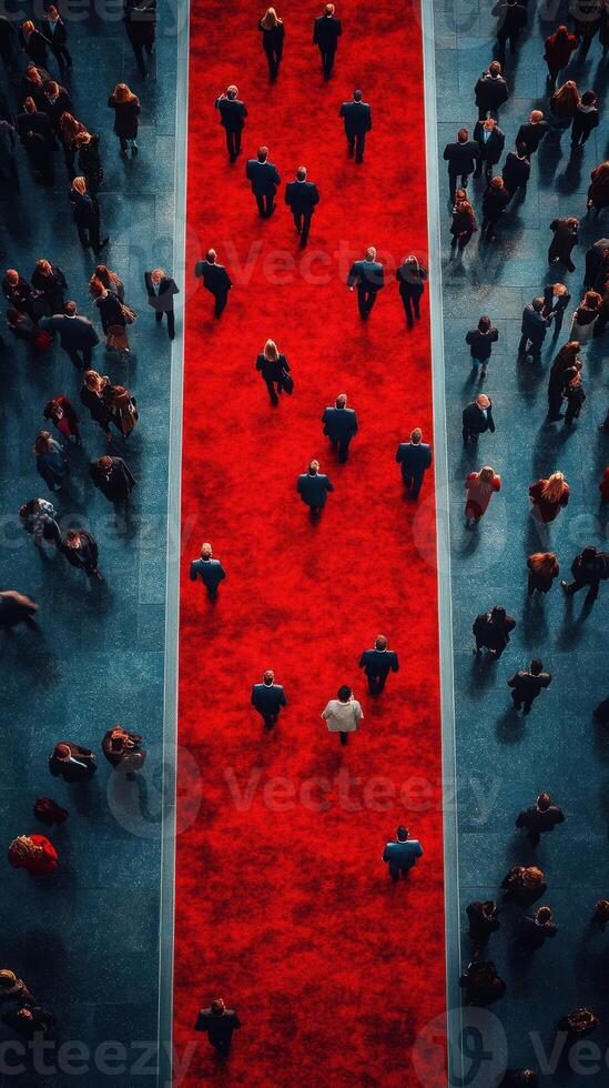 Elegant gathering on a red carpet featuring attendees walking in formal attire at a high-profile event in a large venue photo