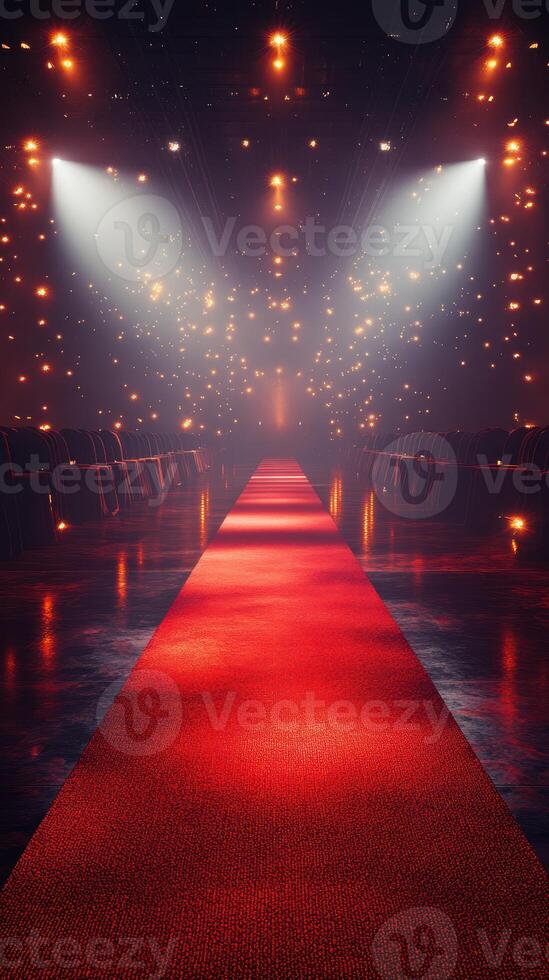 Red carpet runway illuminated by dramatic lights in an elegant event space photo