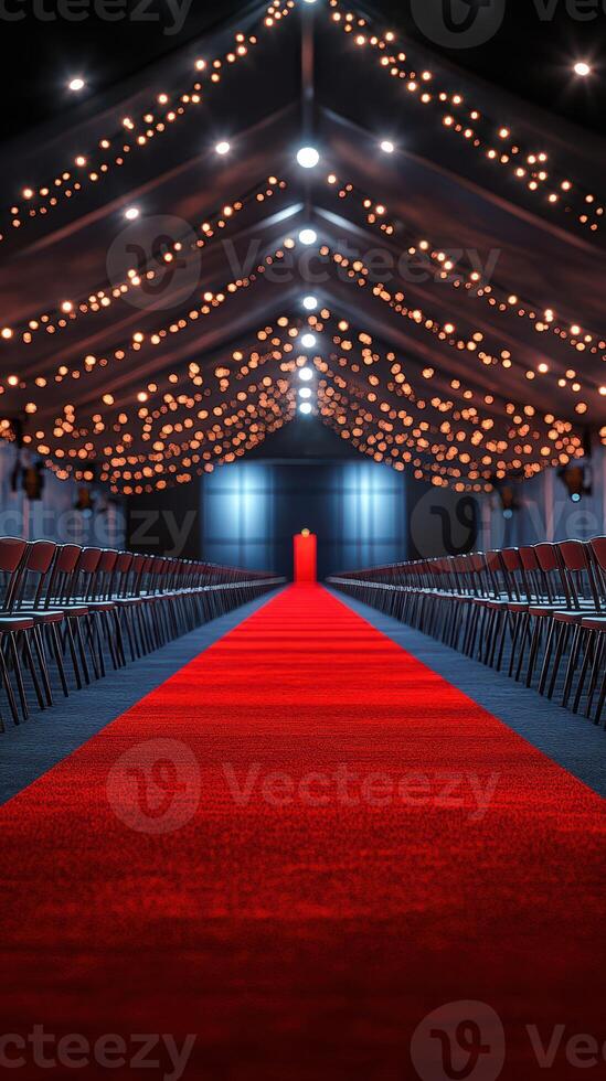 Elegant red carpet setting illuminated by fairy lights in a spacious tent for a prestigious event photo