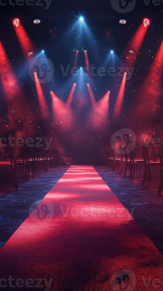 Vibrant red carpet runway illuminated by dramatic lights at a fashion event photo
