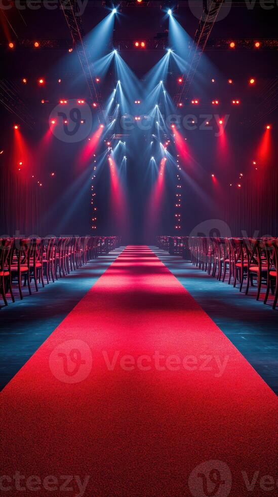 Bright red carpet leads to a vibrant stage illuminated by blue and red lights during a fashion event at a venue photo