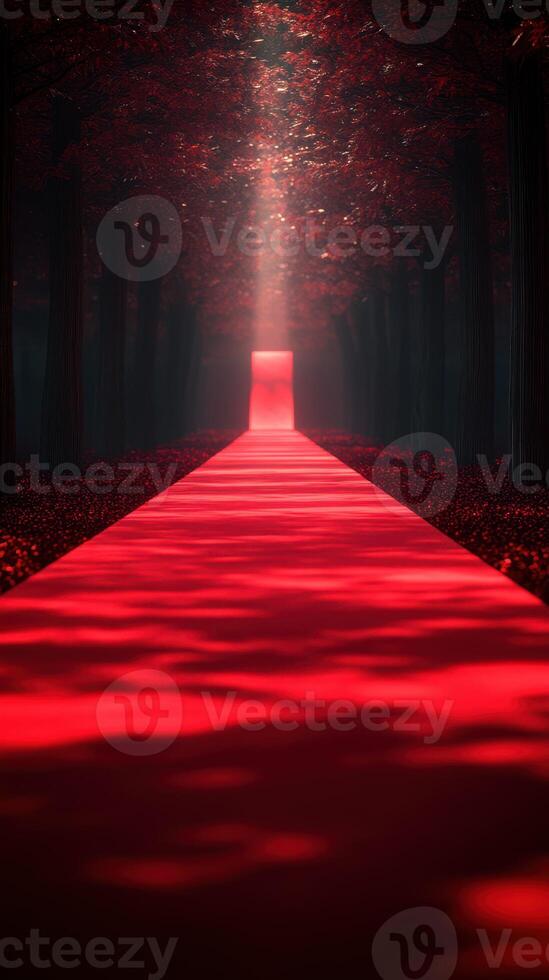 Red pathway leading through a mystical forest with a glowing doorway at sunset photo