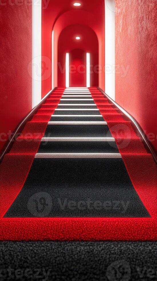 Red and black staircase leading to bright arches in a modern building with focused lighting creating a striking ambiance photo