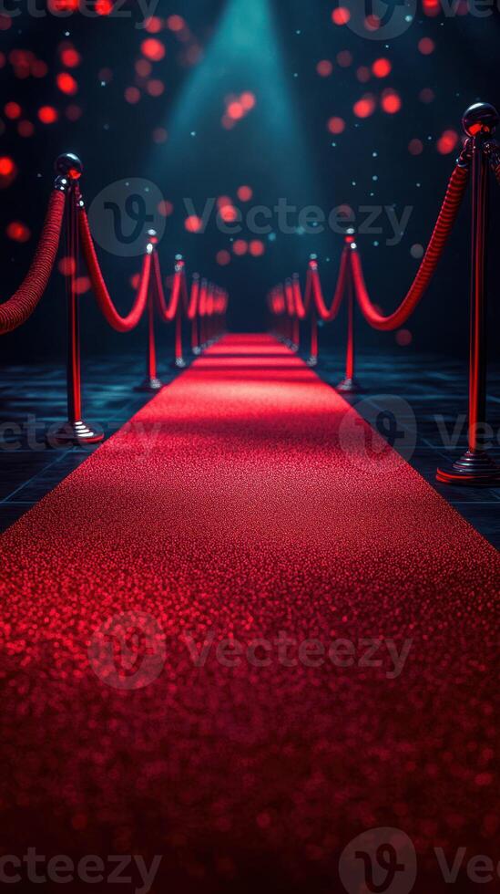 Elegant red carpet lined with velvet ropes leading to a glamorous event venue at night photo