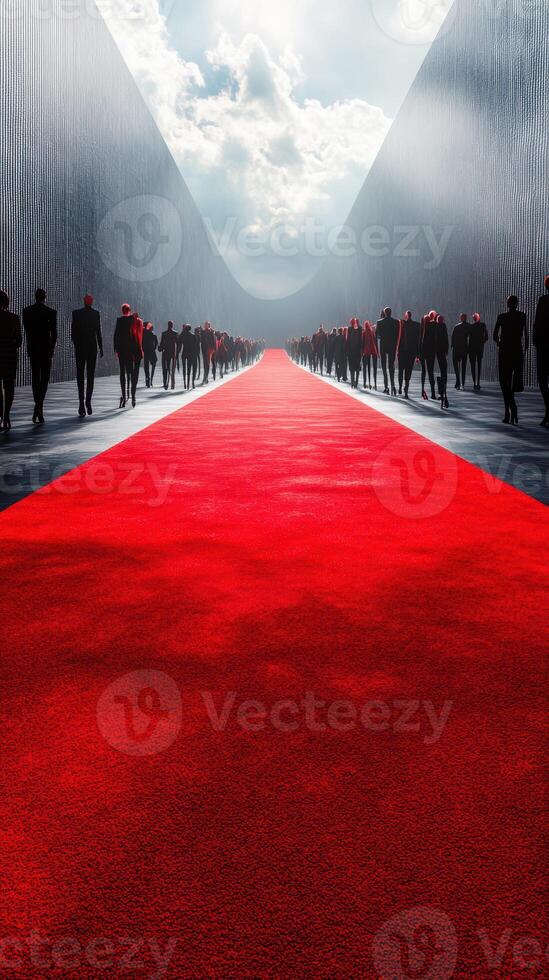 Crowds of people walking on a red carpet in a dramatic setting under a cloudy sky photo