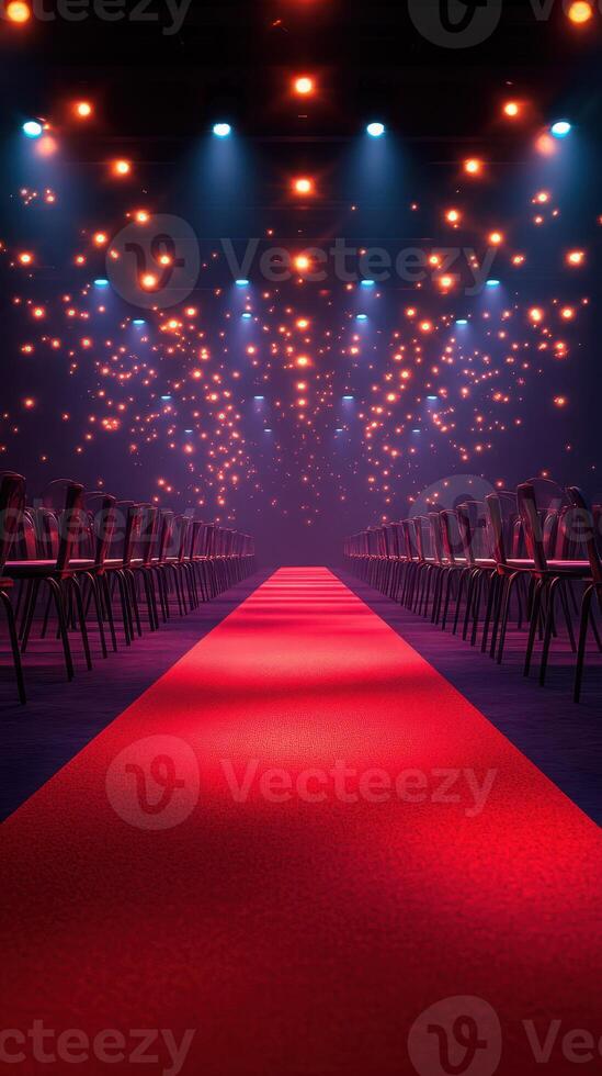 Elegant runway set for a fashion show with vibrant lights and red carpet in a stylish venue photo