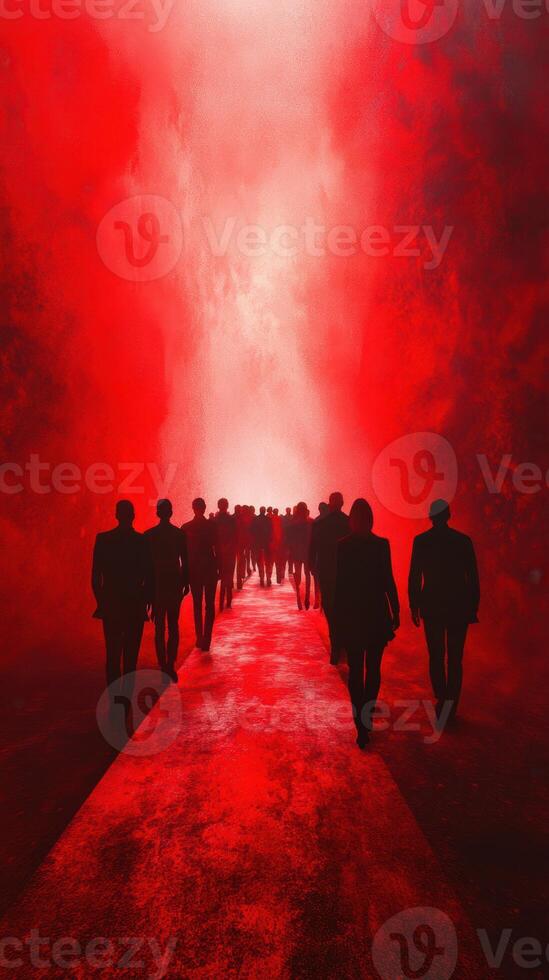 Mysterious red fog envelops group of people walking down a narrow path in an abstract setting during evening hours photo