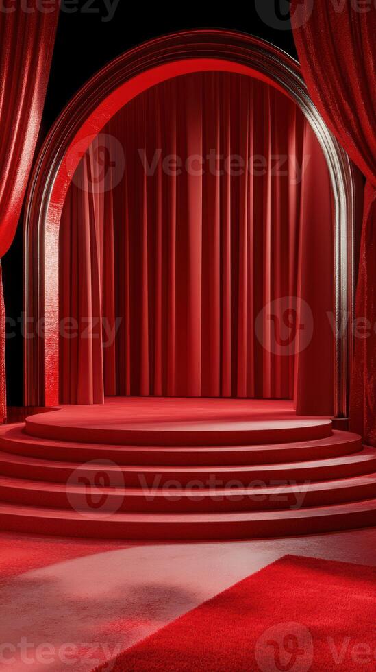 Stage set with red curtains and illuminated platform in a dramatic theater environment photo