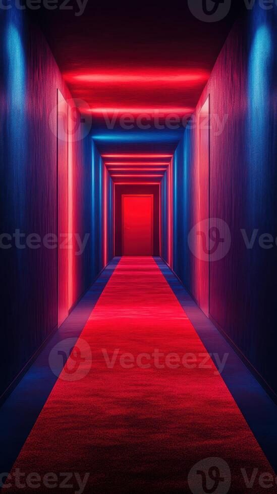 Brightly lit hallway showcasing vibrant red and blue neon lights leading to a closed door at the end photo