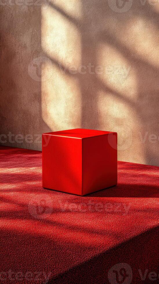 Bright red geometric cube cast in shadows on textured red surface in minimalist interior photo