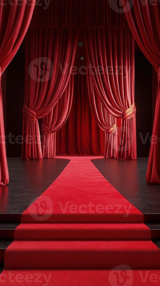 Red carpet entrance adorned with rich curtains in an elegant auditorium setting during a prestigious event photo