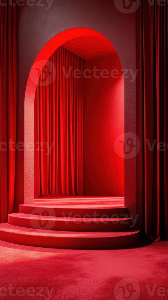 Vibrant red stage with arches and curtains creating an inviting atmosphere for performances or presentations photo