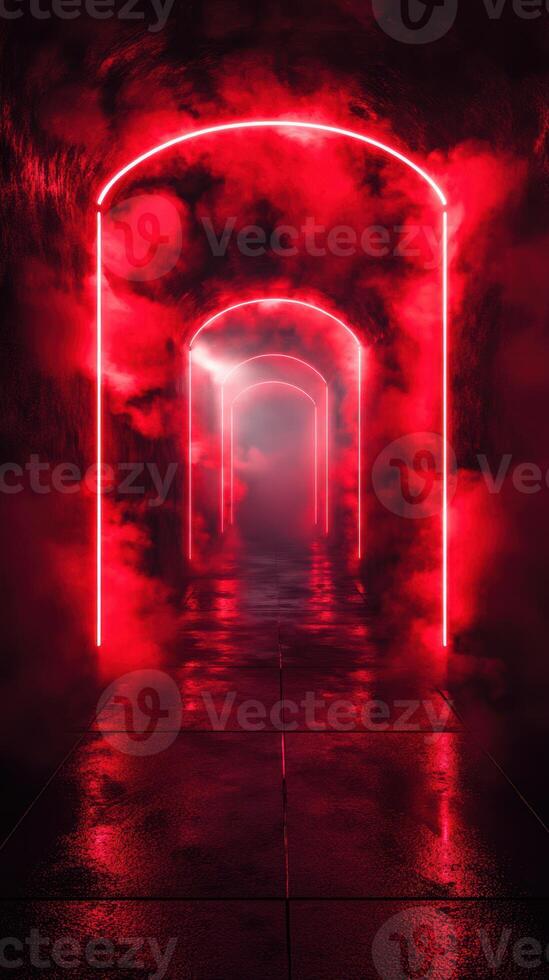 Vibrant red neon lights illuminate a misty corridor creating a striking atmosphere in an urban setting photo