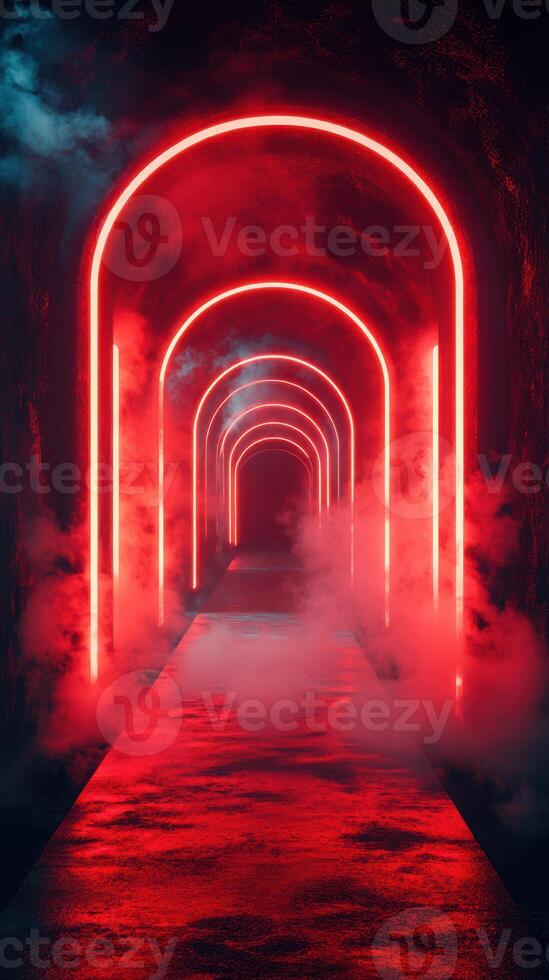 Neon-lit tunnel creates an immersive atmosphere with fog in a dark environment photo