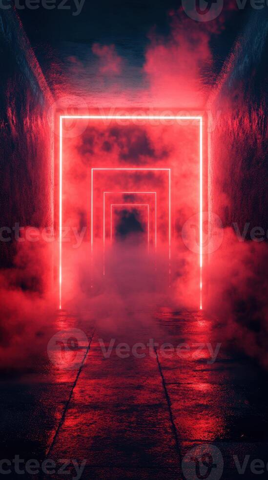 Neon-lit corridor with fog creating a mysterious atmosphere at night in an underground location photo