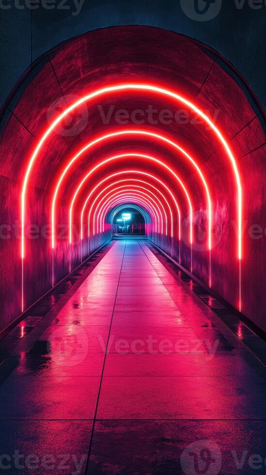 Vibrant neon tunnel with colorful lights reflecting on wet pavement in an urban setting at night photo