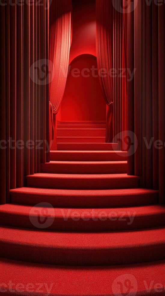 Elegant red carpet staircase leading to a grand illuminated archway showcasing rich textures and vibrant colors photo